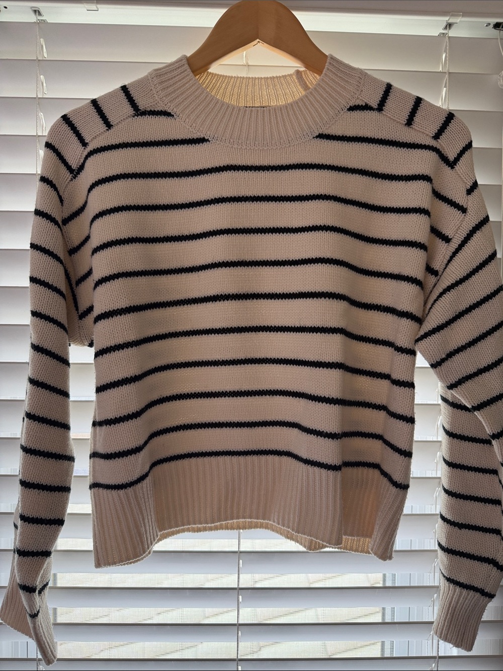 T Tahari Beige and Black Striped Crewneck Sweater